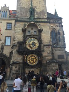 Prague wlaking street square clock tower